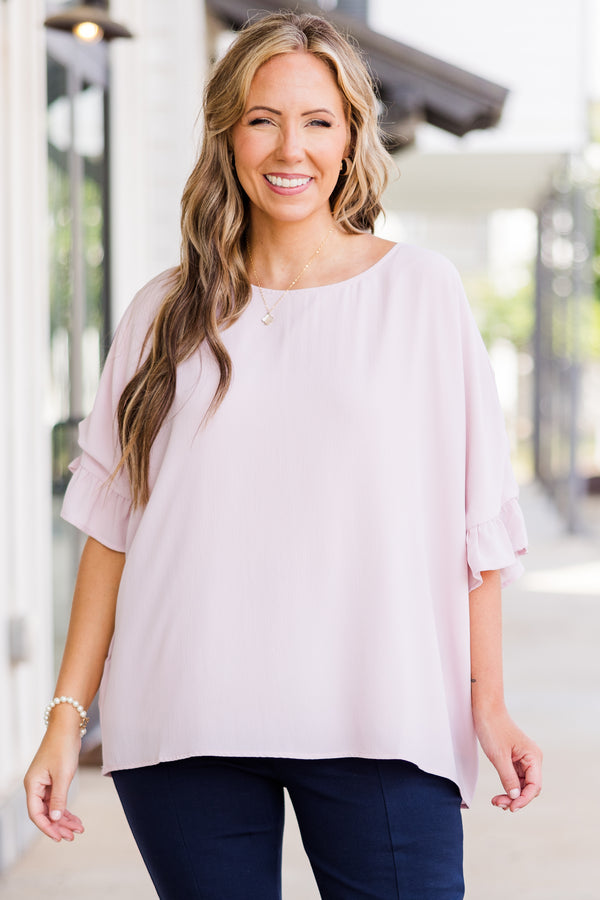Chic Soul plus size clothing, light pink short sleeve flowy top with round neckline with ruffle detail on sleeves