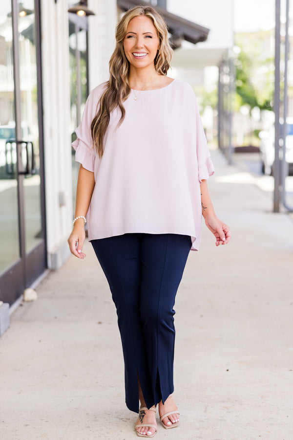 Chic Soul plus size clothing, light pink short sleeve flowy top with round neckline with ruffle detail on sleeves