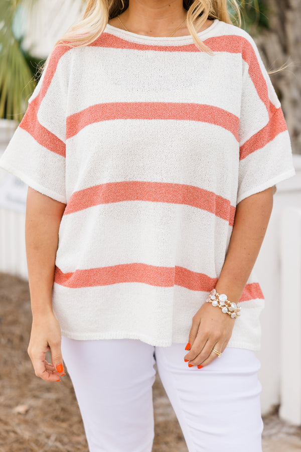 Chic Soul plus size clothing, short-sleeve knit white top with a high-scoop-neckline and a color-block pink striped pattern 