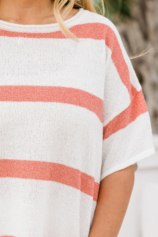 Chic Soul plus size clothing, short-sleeve knit white top with a high-scoop-neckline and a color-block pink striped pattern 
