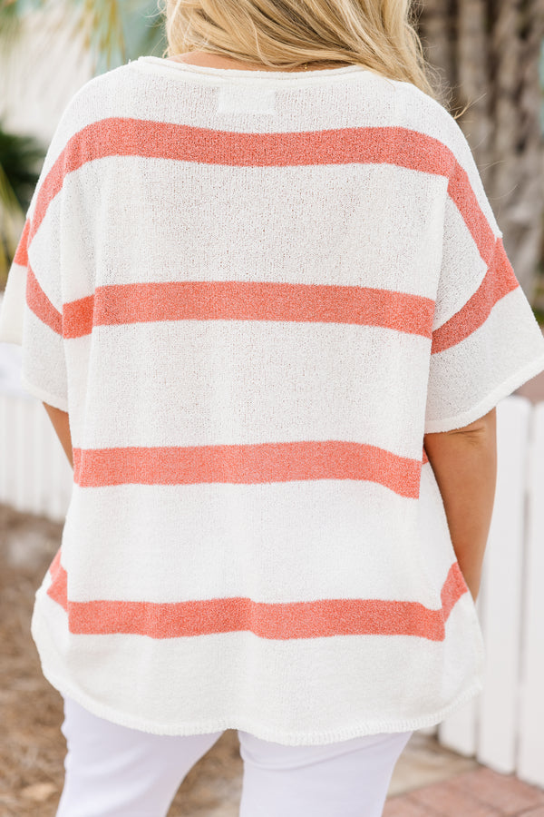 Chic Soul plus size clothing, short-sleeve knit white top with a high-scoop-neckline and a color-block pink striped pattern 