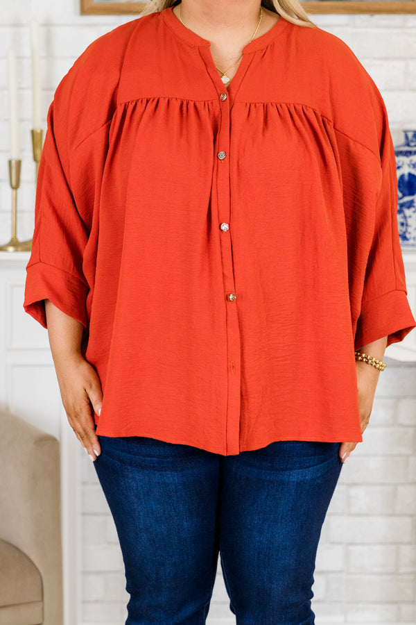 Plus Size orange airflow fabric top with silver buttons, a mandarin collar, and 3/4 sleeves.