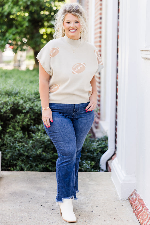 Chic Soul plus size clothing, oatmeal short sleeve knit sweater top with mock neckline and football details
