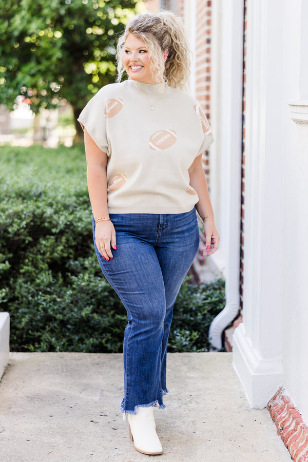 Chic Soul plus size clothing, oatmeal short sleeve knit sweater top with mock neckline and football details