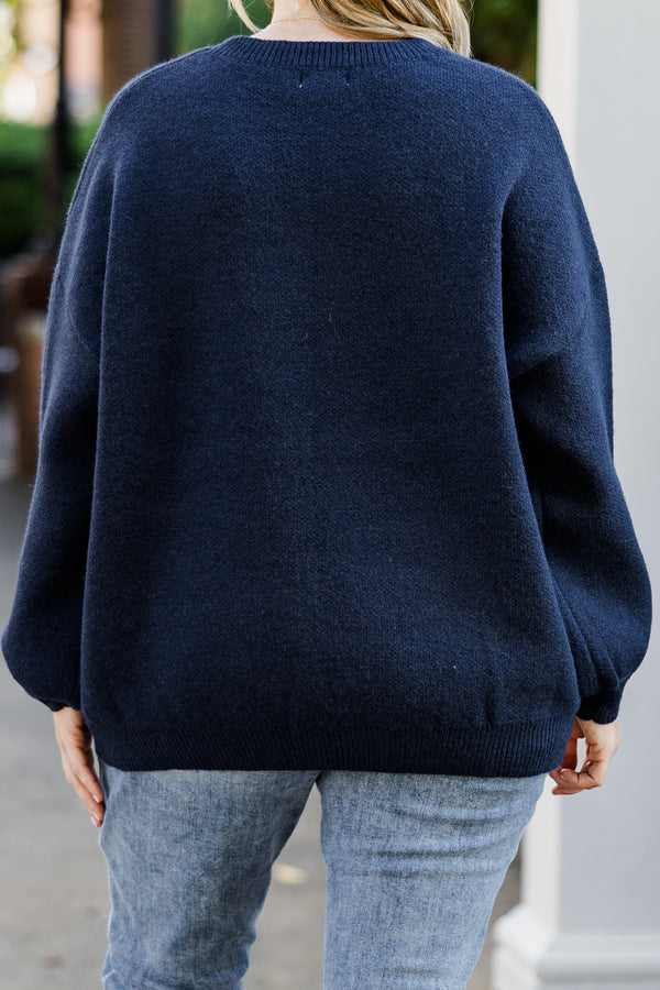 Chic Soul plus size clothing, navy long sleeve knit sweater top with round neckline with cuffed bubble sleeves with 