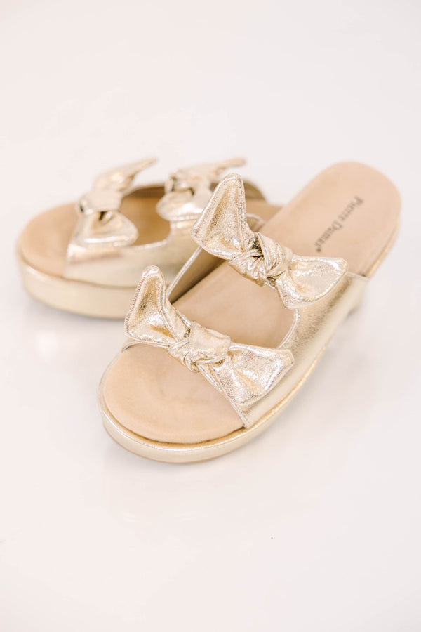 Plus Size gold metallic platform sandals with two straps featuring decorative bow details.