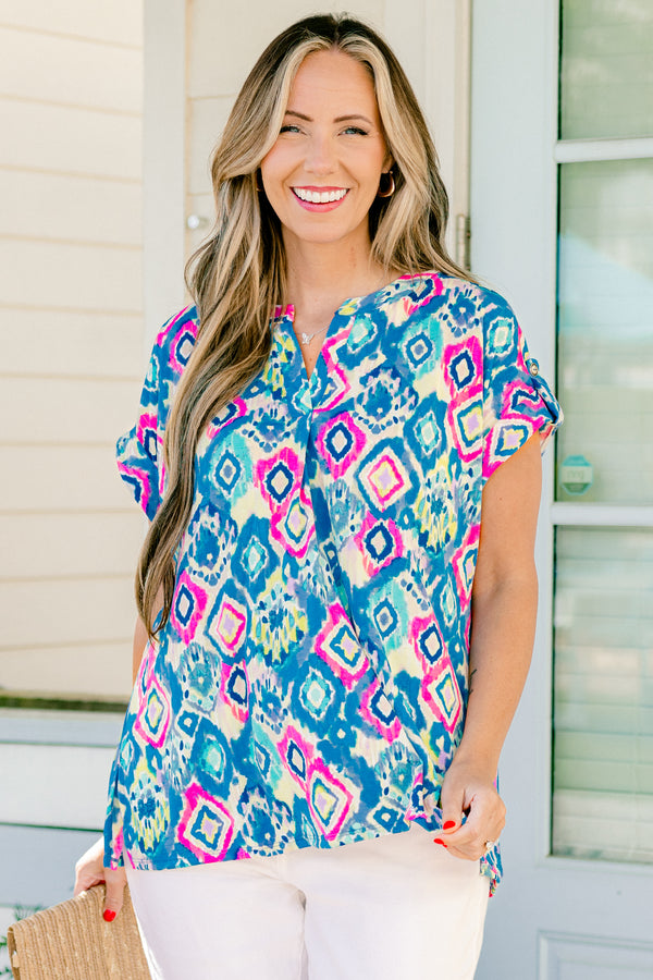 Chic Soul plus size clothing, multi-color short sleeve top with an abstract pattern
