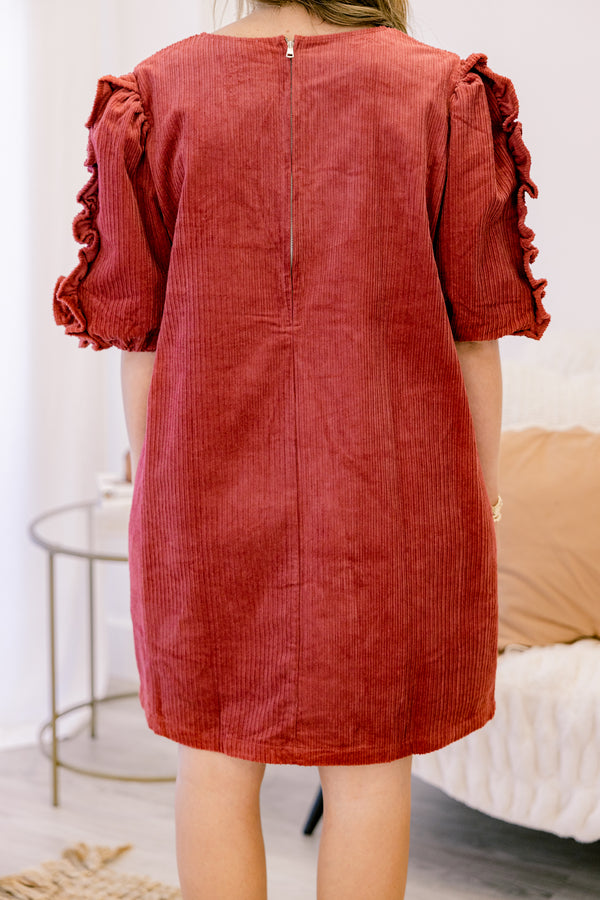 Chic Soul plus size clothing, dark red short puff sleeve straight cut dress with ruffle detailing on the sleeves 