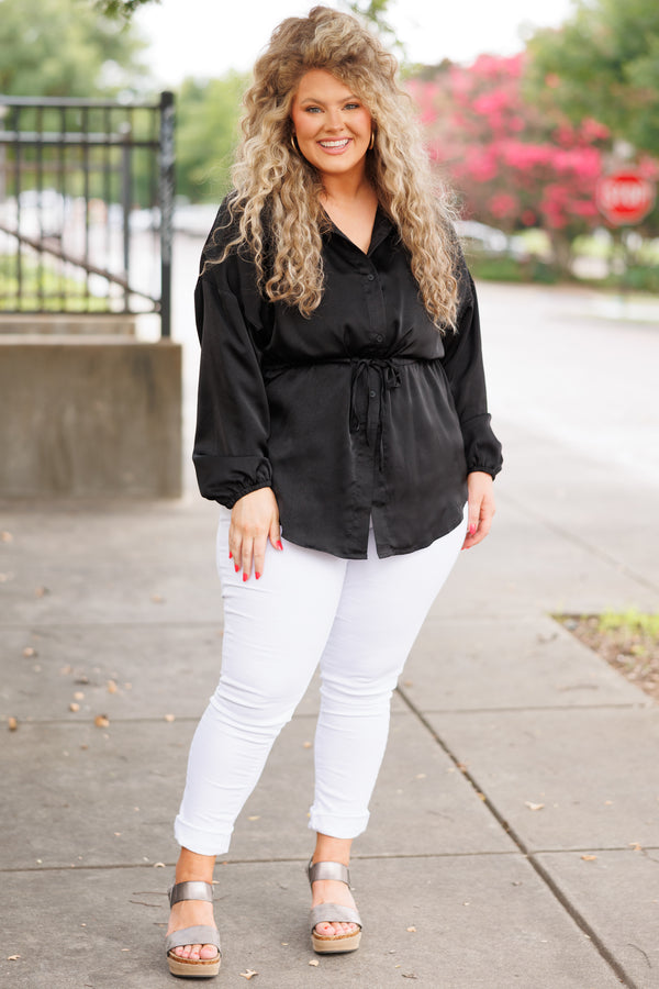Chic Soul plus size clothing, black button down blouse with a tie at waist and bubble sleeves