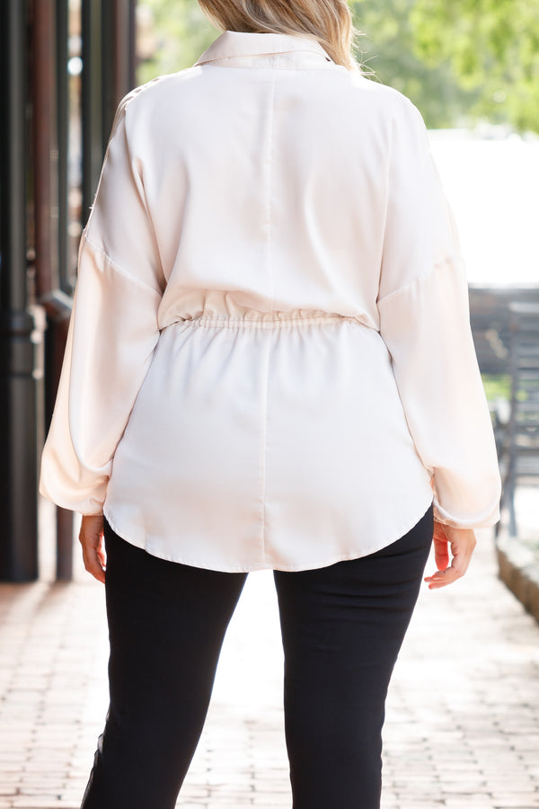 Chic Soul plus size clothing, cream button down collared blouse with bubble sleeves and a tie at waist