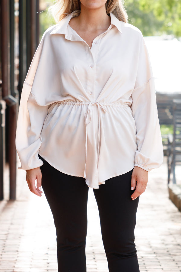 Chic Soul plus size clothing, cream button down collared blouse with bubble sleeves and a tie at waist