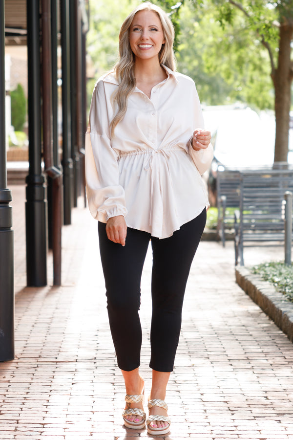 Chic Soul plus size clothing, cream button down collared blouse with bubble sleeves and a tie at waist