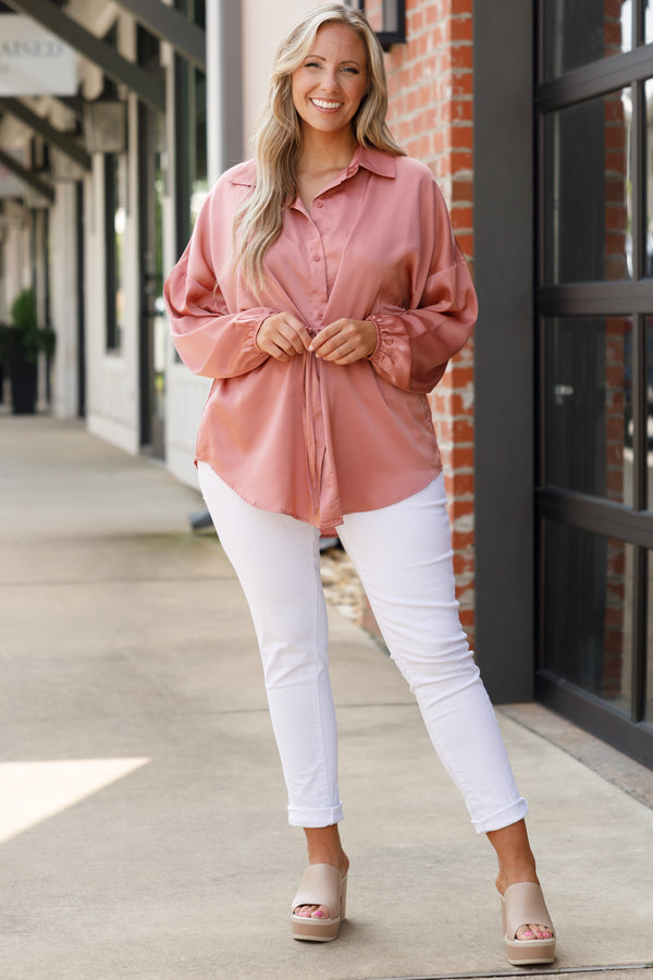 Chic Soul plus size clothing, mauve button down collared blouse with a cinched waistline and bubble sleeves