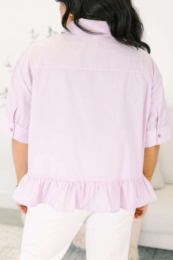 Plus Size lilac button-down top with short puff sleeves, a collar, and a ruffled peplum hem.