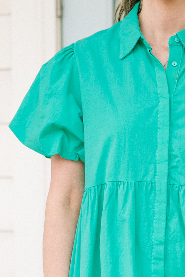 Chic Soul Plus size clothing, Green button-up Babydoll dress with short bubble sleeves 