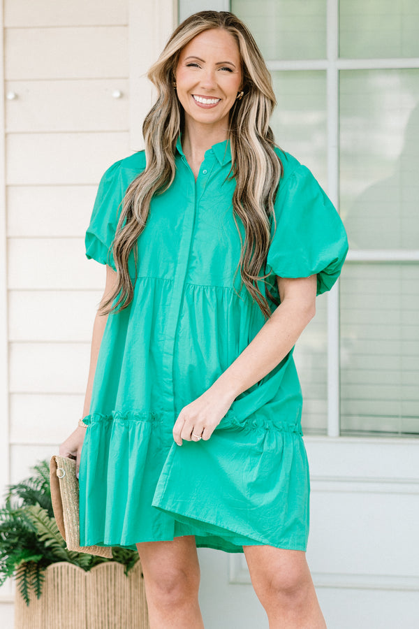 Chic Soul Plus size clothing, Green button-up Babydoll dress with short bubble sleeves 