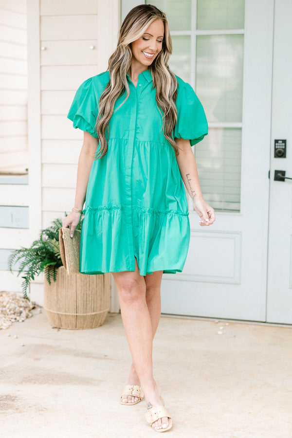 Chic Soul Plus size clothing, Green button-up Babydoll dress with short bubble sleeves 