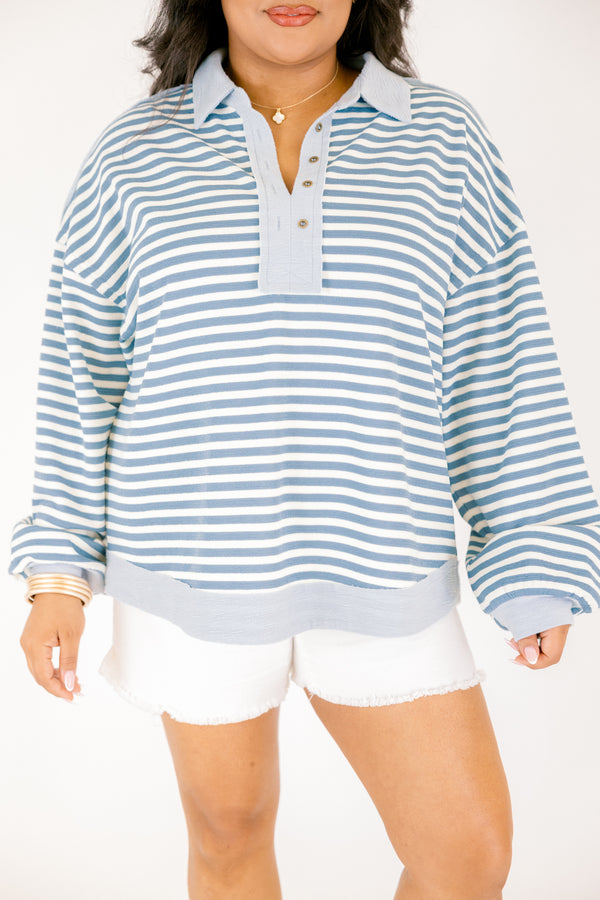 Chic Soul plus size clothing, blue striped pullover with long sleeves and a solid light blue stripe going along the v-neckline as well as buttons going down one side