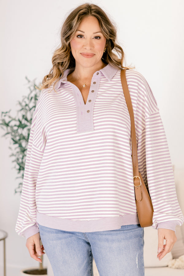Chic Soul plus size clothing, lavender striped pullover with a button up v-neckline and a collar as well as lavender cuffs at the end of the sleeves and along the bottom of the pullover 