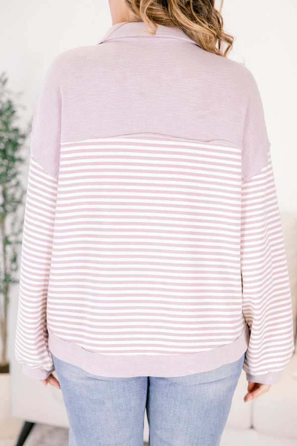 Chic Soul plus size clothing, lavender striped pullover with a button up v-neckline and a collar as well as lavender cuffs at the end of the sleeves and along the bottom of the pullover 