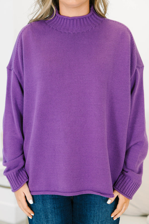 Plus Size eggplant purple rollneck sweater with long sleeves and a relaxed fit.