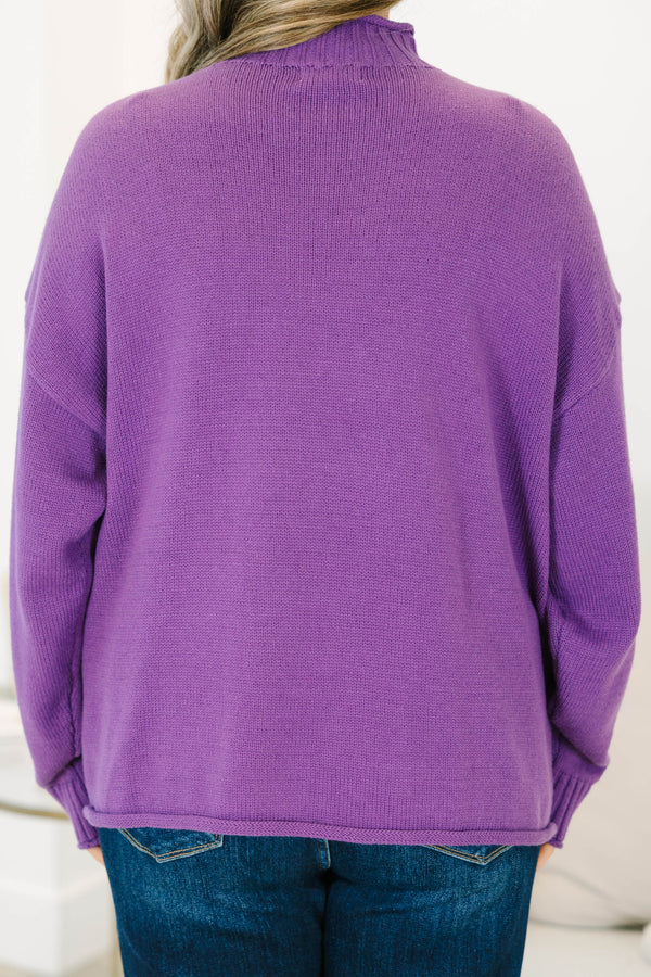 Plus Size eggplant purple rollneck sweater with long sleeves and a relaxed fit.