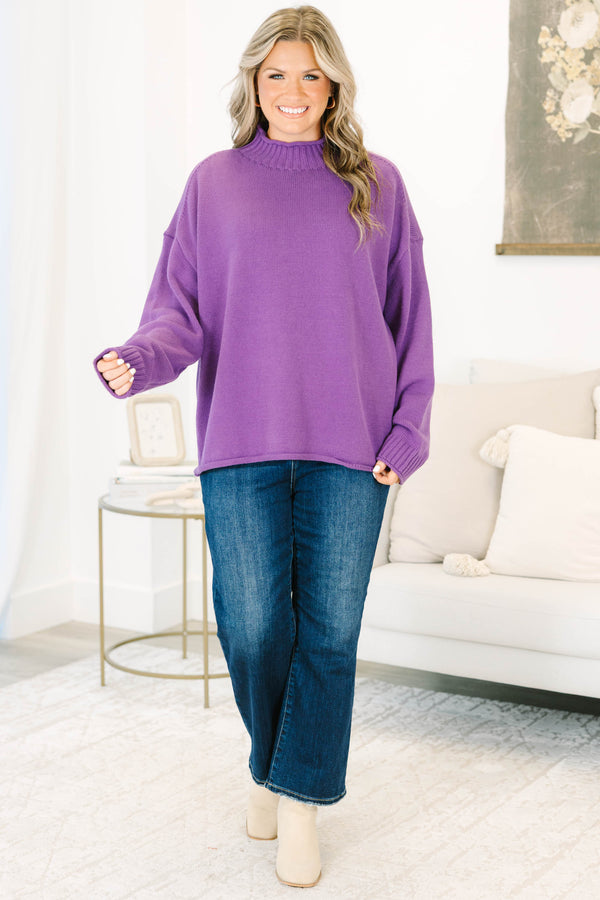Plus Size eggplant purple rollneck sweater with long sleeves and a relaxed fit.
