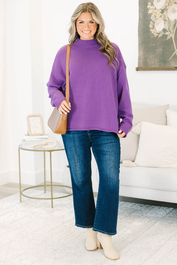 Plus Size eggplant purple rollneck sweater with long sleeves and a relaxed fit.