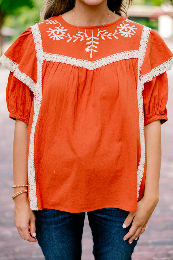 Chic Soul plus size clothing, rust colored top with bubble sleeves that have a ruffle on top that is trimmed in lace as well as a embroidered floral detail on the chest