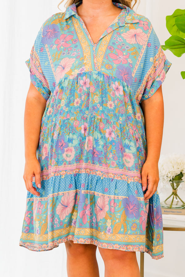 Chic Soul plus size clothing, short sleeve mint blue baby doll dress with pink floral pattern and v-neckline