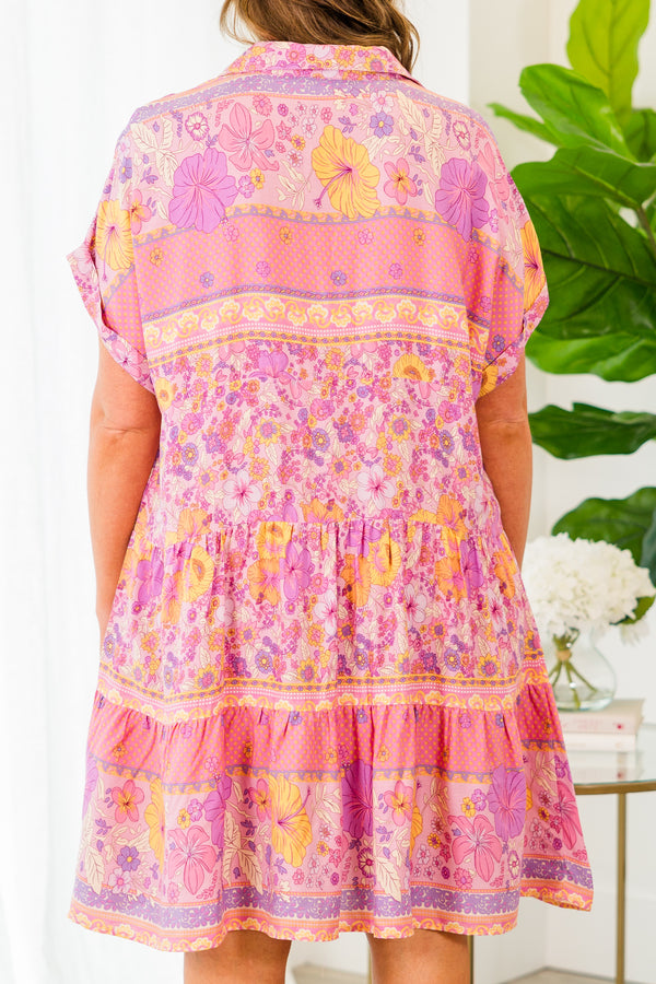 Chic Soul plus size clothing, pink mauve multi boho floral mini dress with v neckline and collar with cuff short sleeves