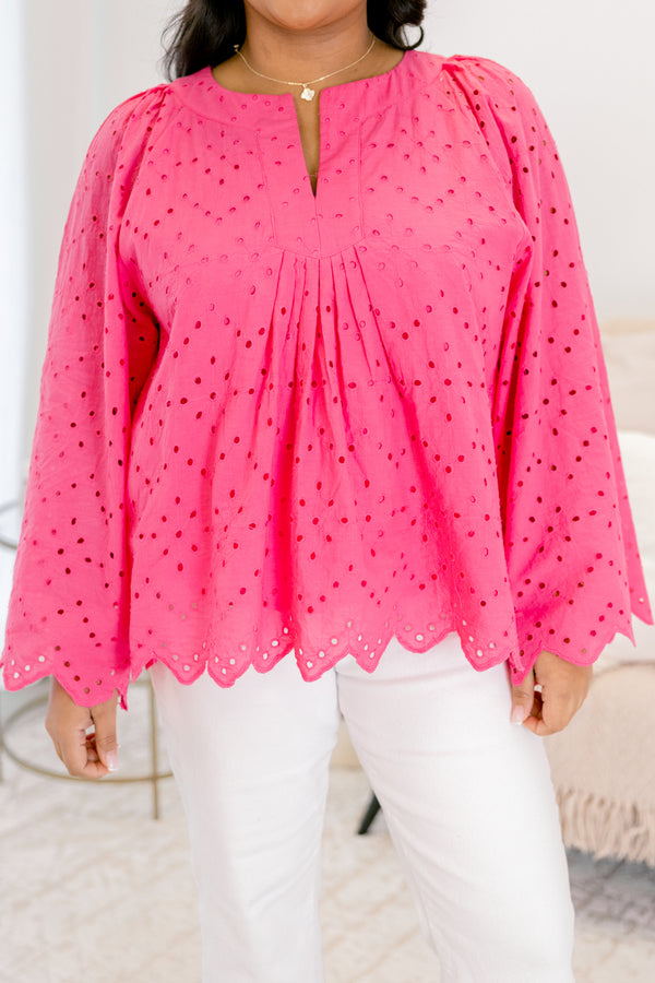 Chic Soul plus size clothing pink lace  top with long sleeves and scalloped details going along the bottom of the top and at the end of the sleeves  
