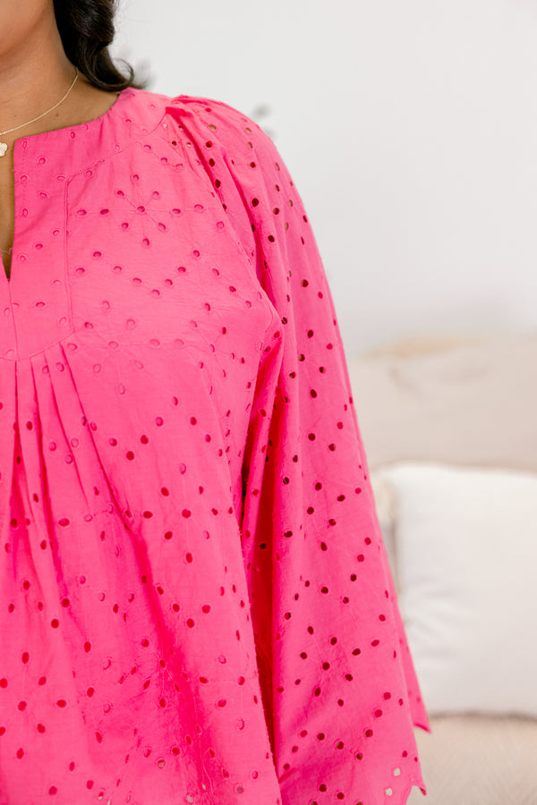 Chic Soul plus size clothing pink lace  top with long sleeves and scalloped details going along the bottom of the top and at the end of the sleeves  