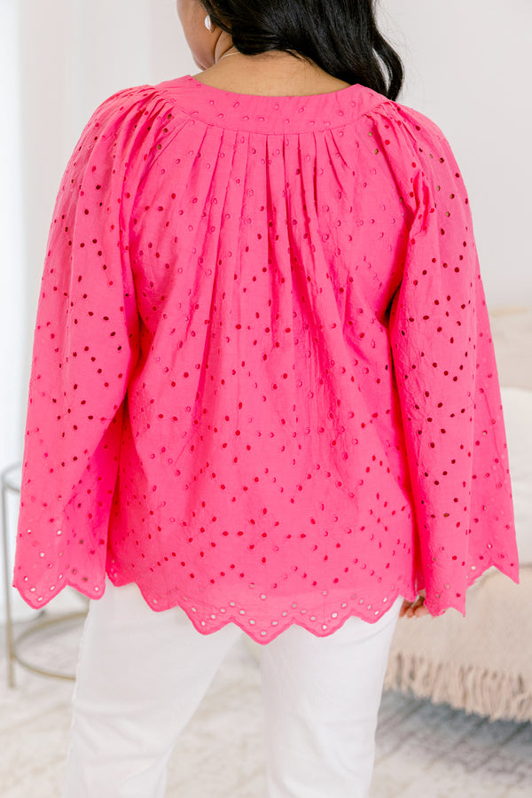 Chic Soul plus size clothing pink lace  top with long sleeves and scalloped details going along the bottom of the top and at the end of the sleeves  