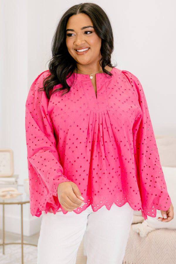Chic Soul plus size clothing pink lace  top with long sleeves and scalloped details going along the bottom of the top and at the end of the sleeves  