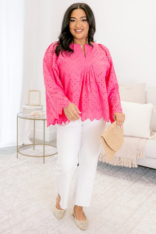 Chic Soul plus size clothing pink lace  top with long sleeves and scalloped details going along the bottom of the top and at the end of the sleeves  