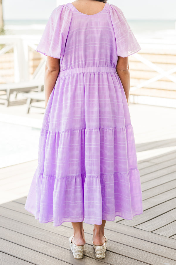 Chic Soul plus size clothing, short-sleeve tiered ruffled layered light purple midi dress with a v-neckline 