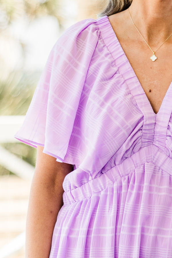 Chic Soul plus size clothing, short-sleeve tiered ruffled layered light purple midi dress with a v-neckline 