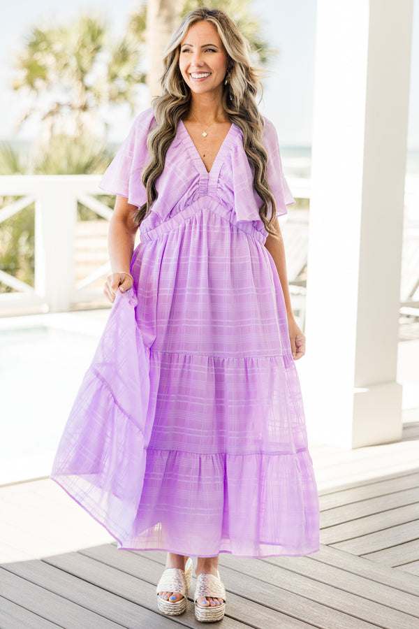 Chic Soul plus size clothing, short-sleeve tiered ruffled layered light purple midi dress with a v-neckline 