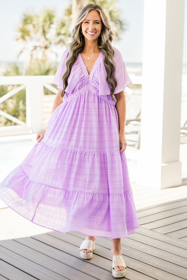 Chic Soul plus size clothing, short-sleeve tiered ruffled layered light purple midi dress with a v-neckline 