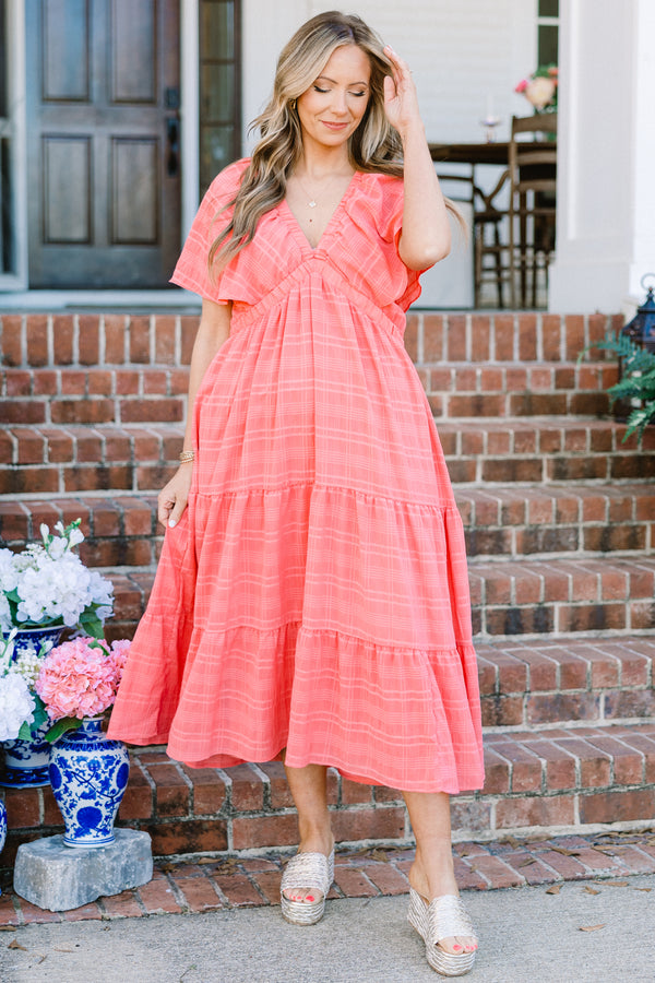 Chic Soul plus size clothing, pink short sleeve maxi dress with tiered detail with faint plaid pattern with deep v neckline