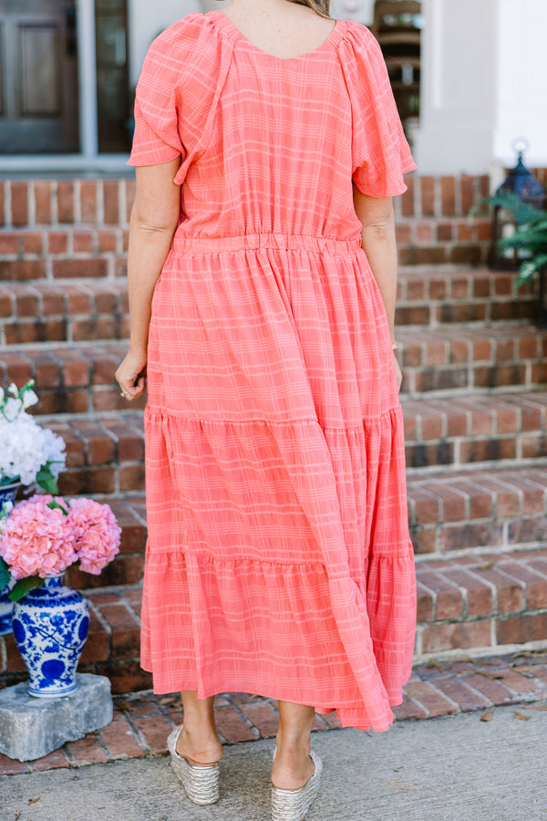 Chic Soul plus size clothing, pink short sleeve maxi dress with tiered detail with faint plaid pattern with deep v neckline