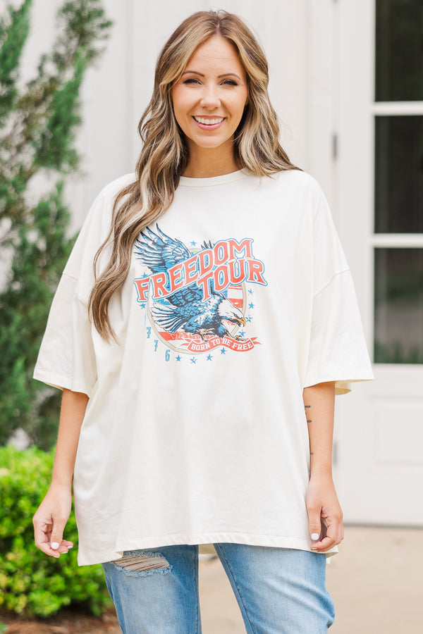 Chic Soul plus size clothing, ivory short sleeve boyfriend tee with 