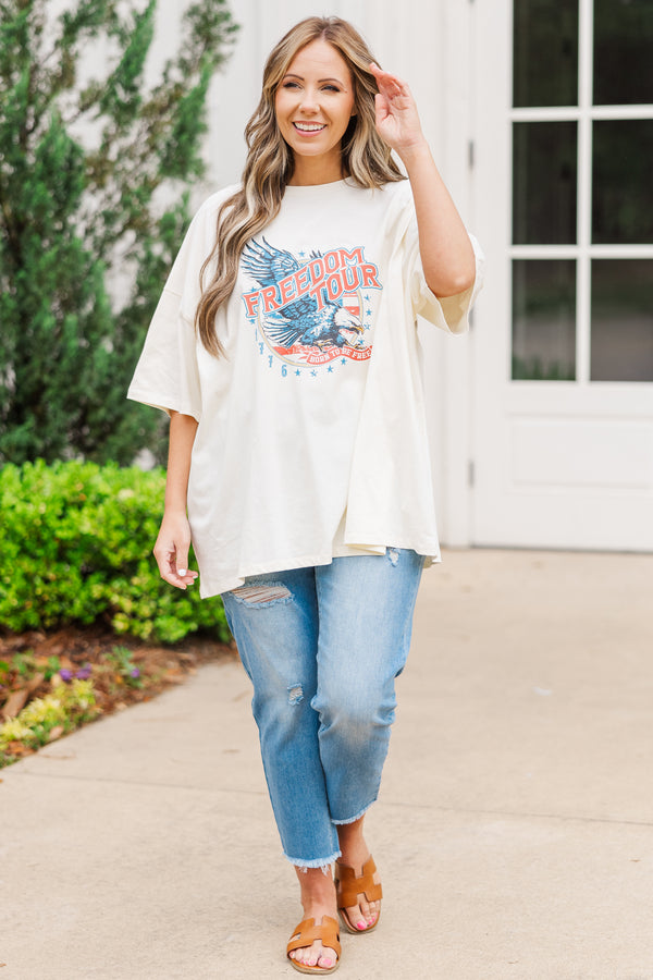 Chic Soul plus size clothing, ivory short sleeve boyfriend tee with 