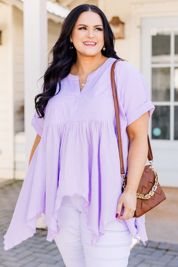 Chic Soul plus size clothing, short sleeve flowy lavender top with exposed hem 