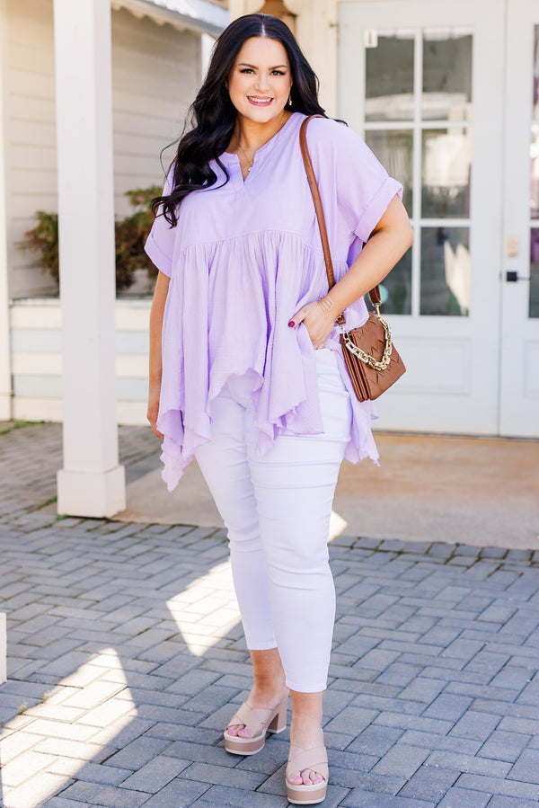Chic Soul plus size clothing, short sleeve flowy lavender top with exposed hem 