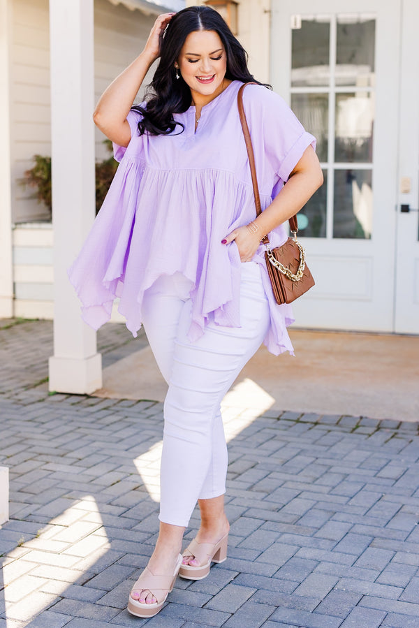 Chic Soul plus size clothing, short sleeve flowy lavender top with exposed hem 