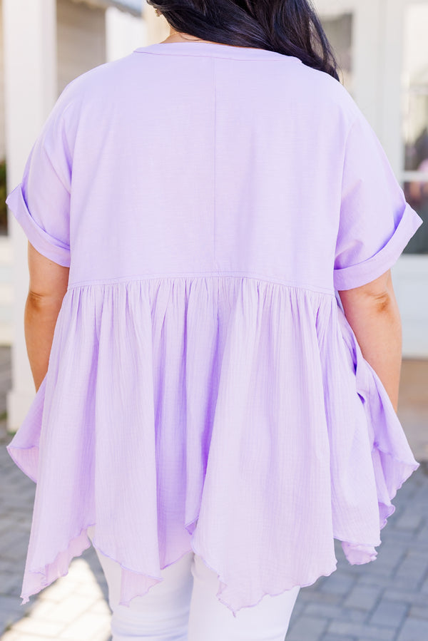 Chic Soul plus size clothing, short sleeve flowy lavender top with exposed hem 