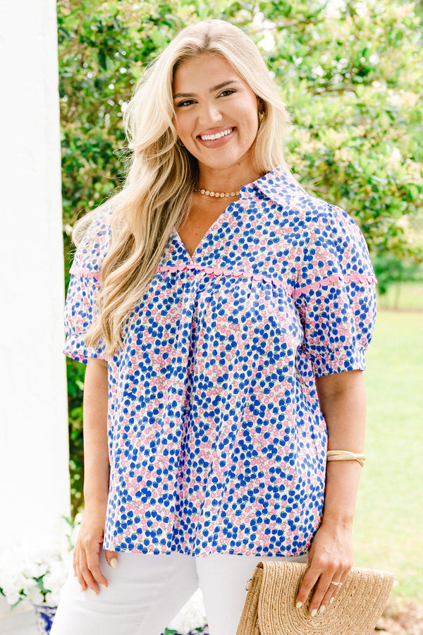 Chic Soul plus size clothing, blue and pink floral and berry patterned short sleeve collared blouse