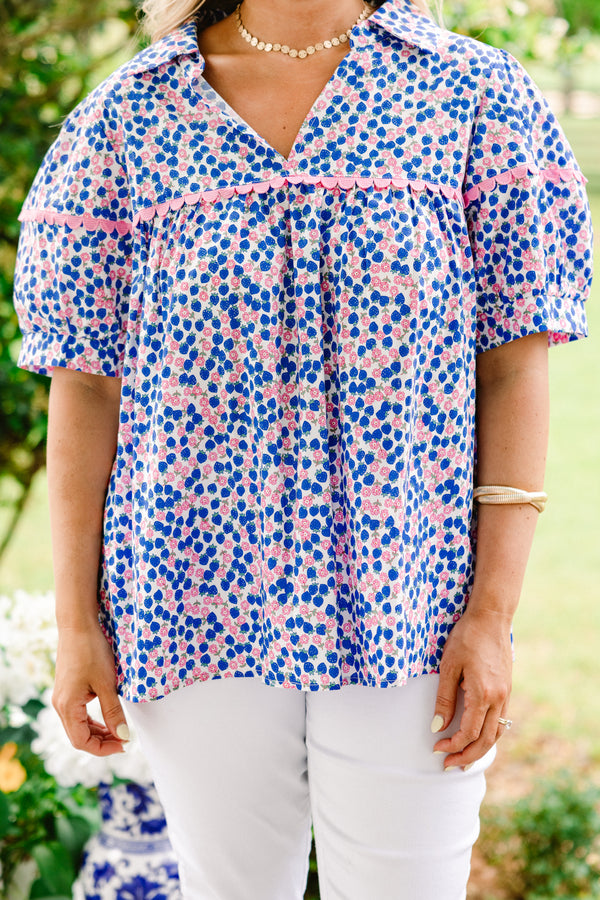 Chic Soul plus size clothing, blue and pink floral and berry patterned short sleeve collared blouse